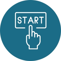 blue circle showing a cartoon hand pressing a 'start' button