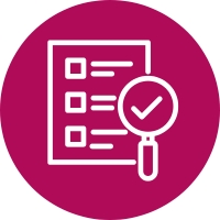 drawing of a checklist and a microscope on a magenta circle