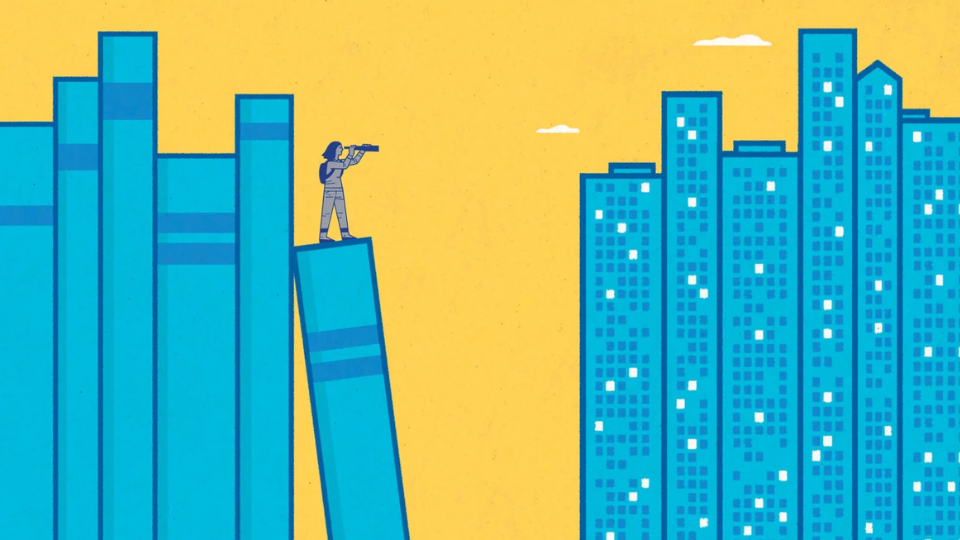 Illustration of a person standing on top of a book, which is next to several others, all propped up vertically. The person is using binoculars to look out at buildings that are the same size and shape as the books.