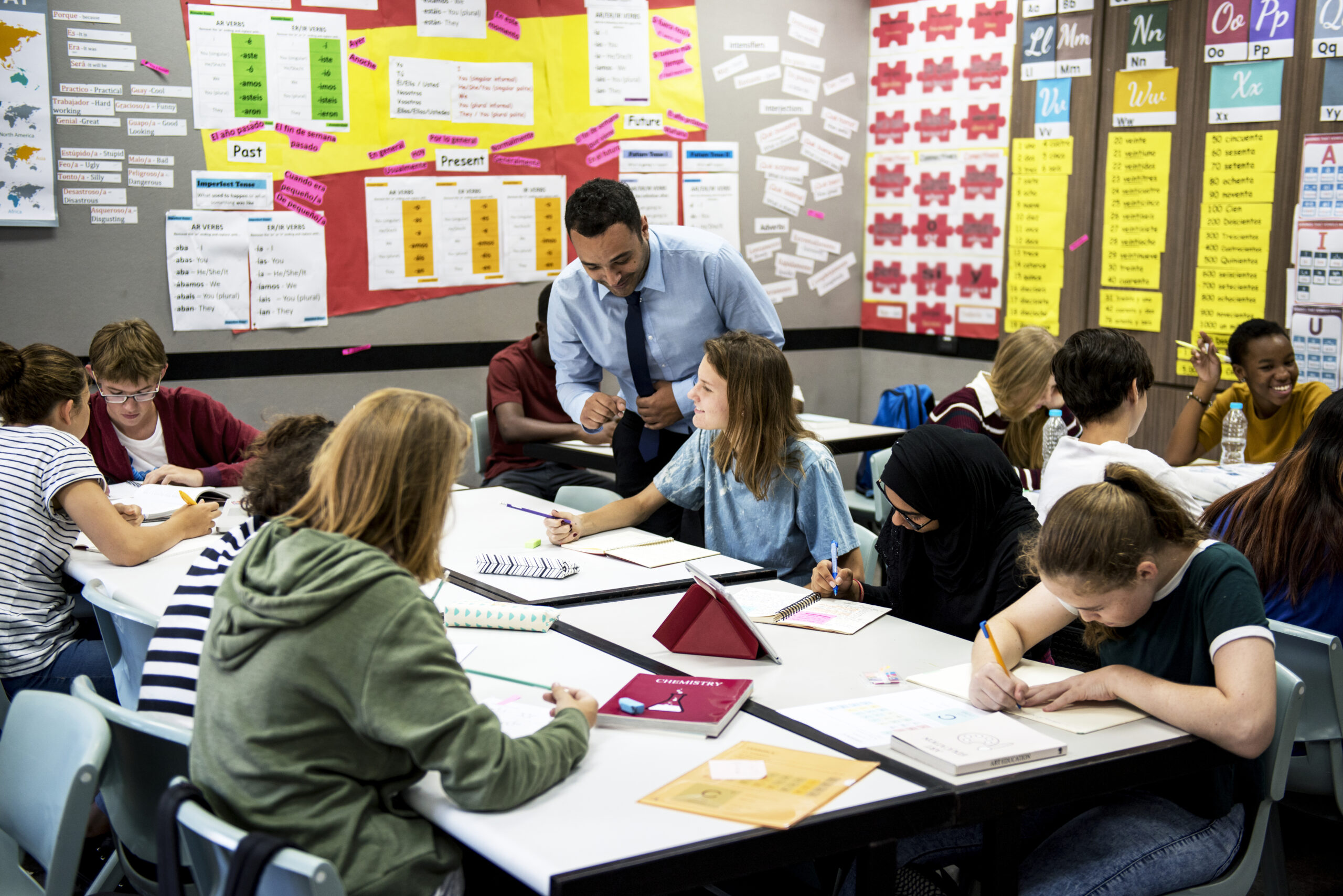 big classroom with students sitting at desks