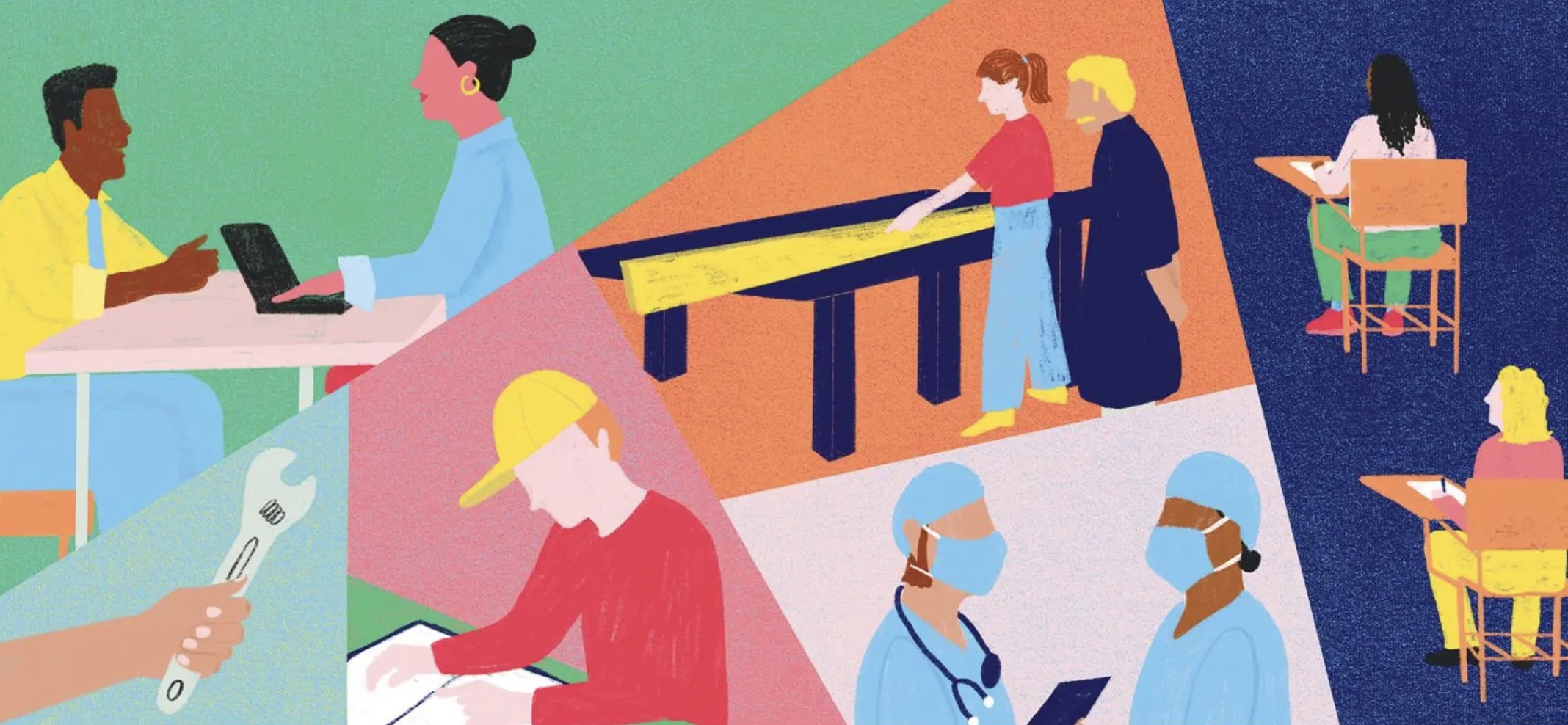 colorful illustration depicting individuals and teams in multiple professions